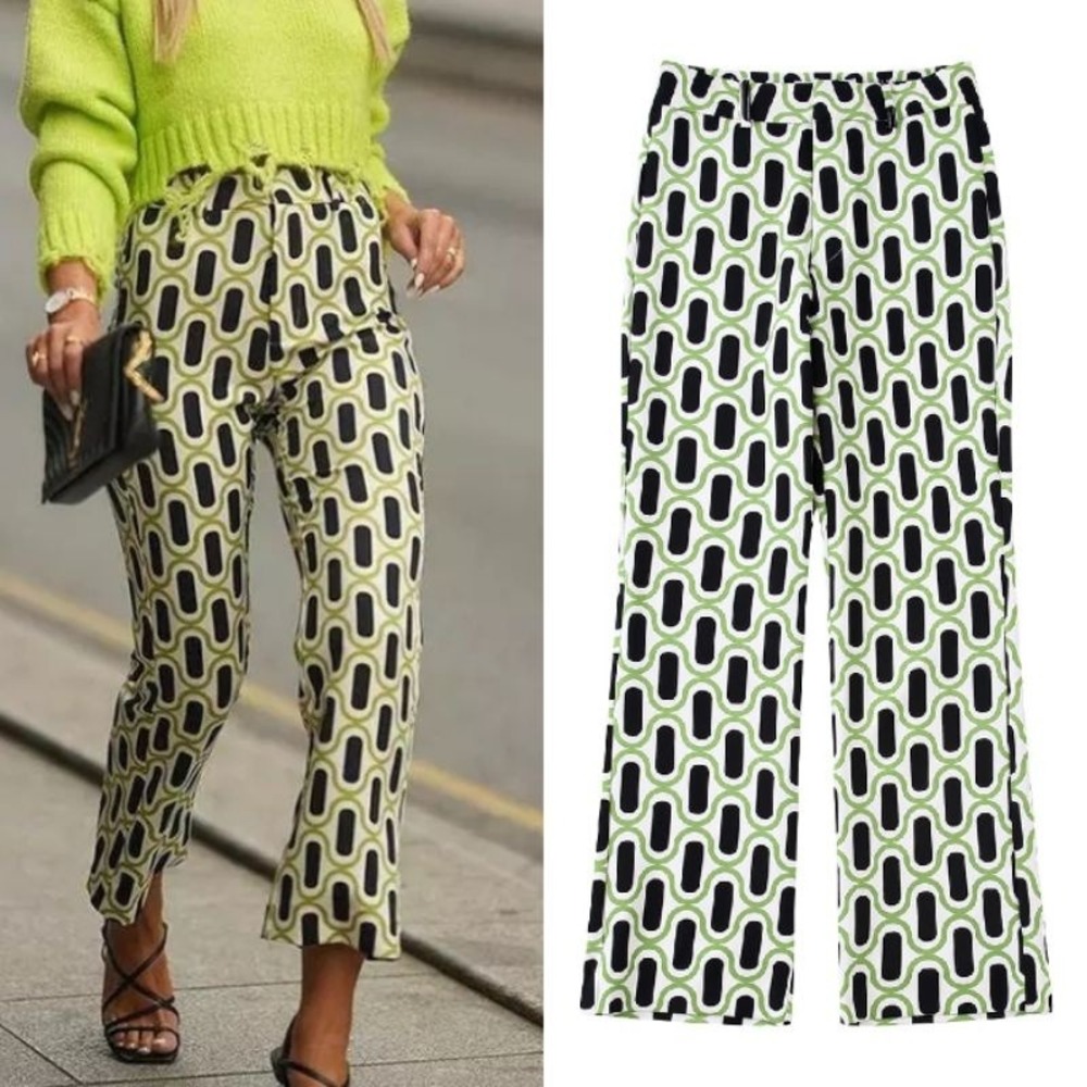 Zara Womens XS Green Black Geometric Link Print High Rise Crop Kick Flare Pants‎